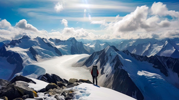 Um homem está no topo de uma montanha com vista para as montanhas ao fundo.