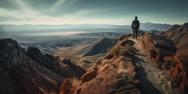 Um homem está no topo de uma montanha com vista para um vale.