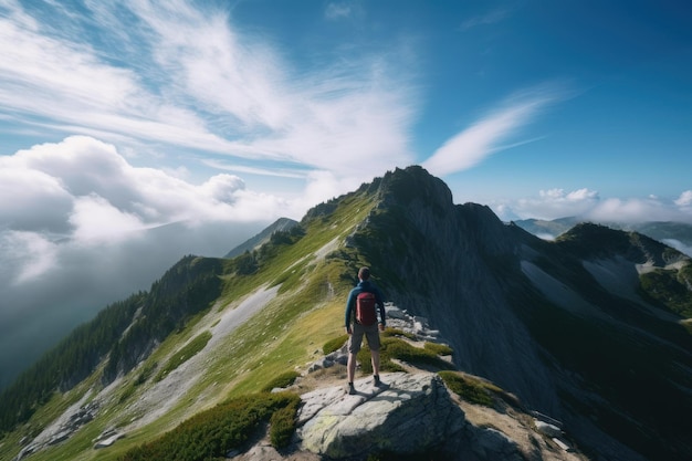 Um homem está no topo de uma montanha e olha para o céu.