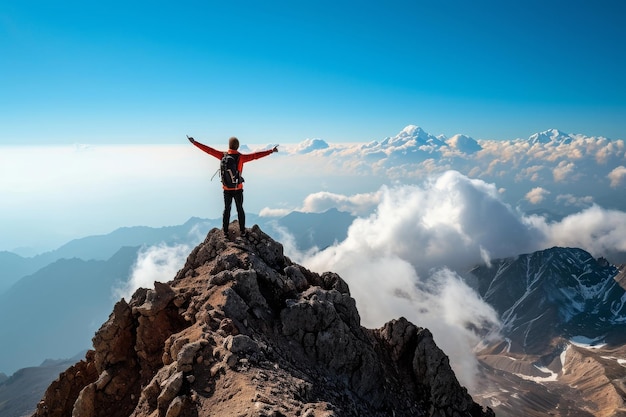 Foto um homem está no topo de uma montanha levantando os braços em um gesto triunfante um homem chegando ao topo de uma montaña depois de uma caminhada cansativa gerada pela ia