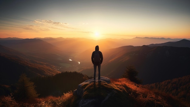 Um homem está no topo de uma montanha olhando o pôr do sol.