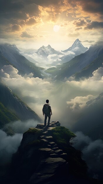 um homem está no topo de uma montanha olhando para as montanhas