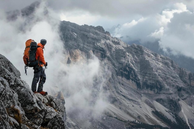 um homem está no topo de uma montanha olhando para as nuvens