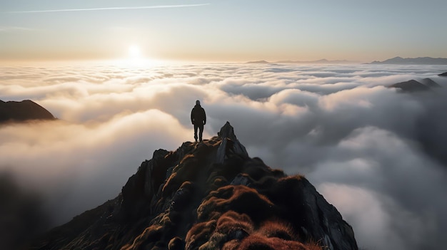 Um homem está no topo de uma montanha olhando para as nuvens.