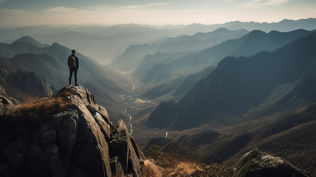 Um homem está no topo de uma montanha olhando para um vale.