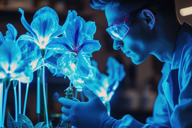 Um homem está observando cuidadosamente uma flor vibrante colocada dentro de um vaso decorativo um cientista geneticamente engenharia flores luminescentes AI gerado