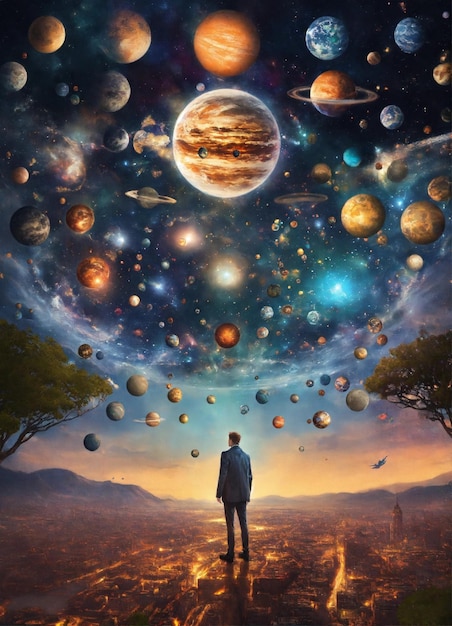 Um homem está olhando para o planeta com o universo ao fundo.