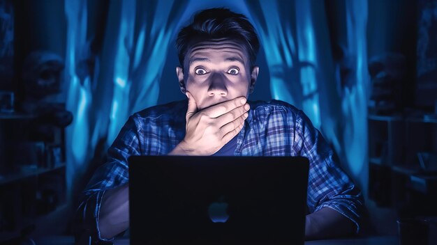 um homem está olhando para um laptop com a mão sobre a boca
