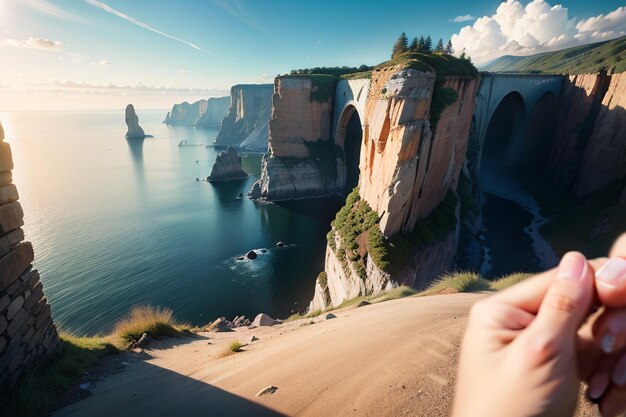 Um homem está olhando para um penhasco com uma ponte ao fundo.