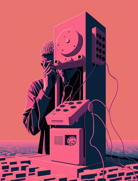 Um homem está olhando para um telefone rosa e azul.
