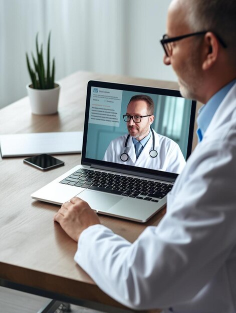 Foto um homem está olhando para uma tela de laptop que diz médico