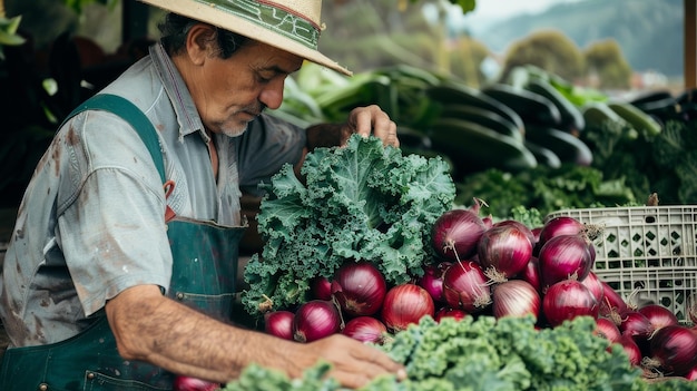 Um homem está orgulhosamente em frente a uma pilha colorida de legumes frescos