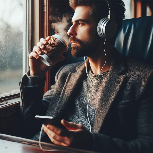 Um homem está ouvindo música com fones de ouvido sentado em uma carruagem ao lado da janela enquanto bebe