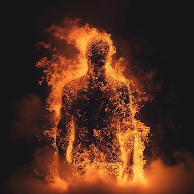 Um homem está parado em frente a uma fogueira com as palavras fogo.