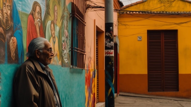 Foto um homem está parado em uma rua em frente a uma parede colorida com um mural.