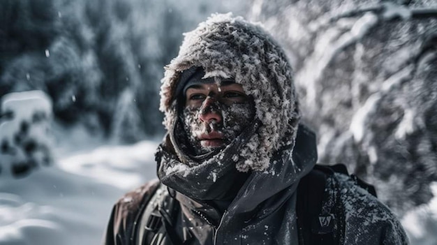 Um homem está parado na neve com a palavra inverno no rosto.