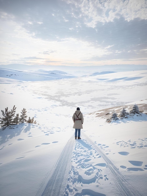 Um homem está parado na neve com uma longa linha de neve nas costas.
