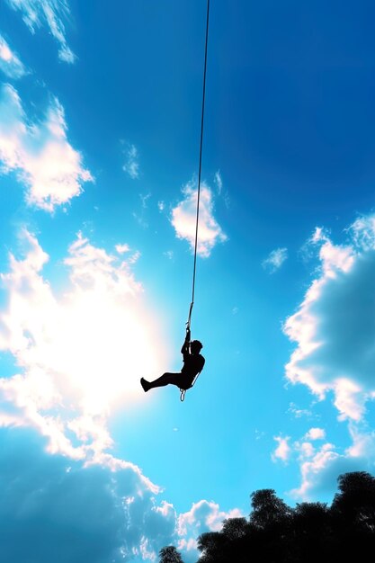 Foto um homem está pendurado numa corda com o sol a brilhar através das nuvens.