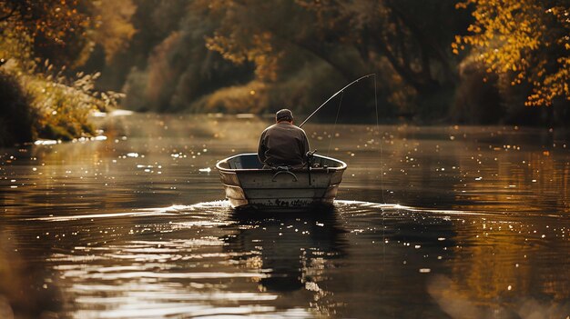 um homem está pescando pescando no rio um homem em um barco encontra relaxamento e tranquilidade em um barco em um lago