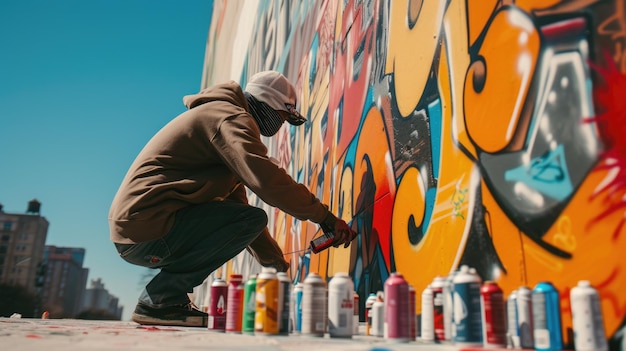 Foto um homem está pintando graffiti em uma parede.