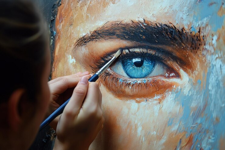 Foto um homem está pintando um quadro de um olho azul