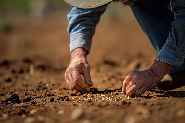 Um homem está plantando sementes na terra.