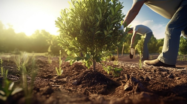 Um homem está plantando uma árvore em um campo.