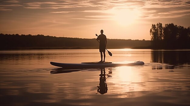 Um homem está praticando remo em um lago com o sol se pondo atrás dele generative ai