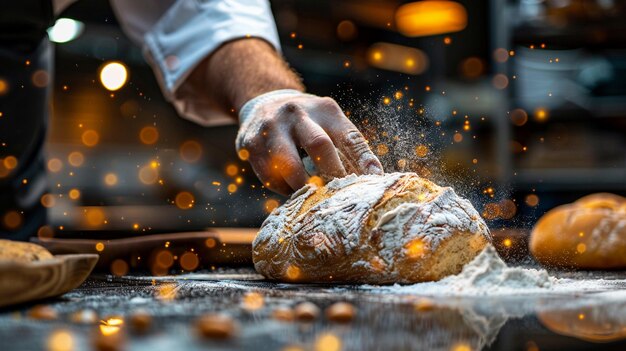 um homem está rolando um pão com uma mão que tem farinha nele