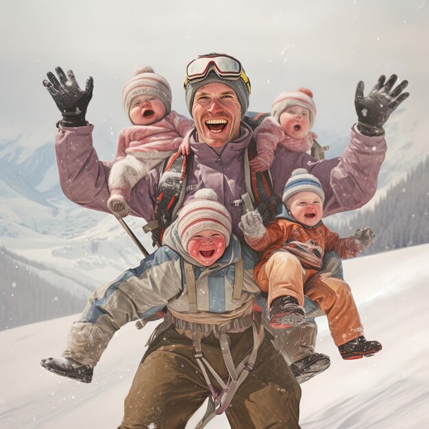 Um homem está segurando dois bebês na neve com as palavras " família feliz " na parte de baixo.