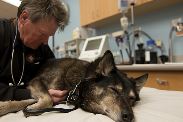 Um homem está segurando um cão em uma mesa em um hospital