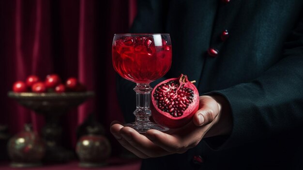 Um homem está segurando um copo com um líquido vermelho