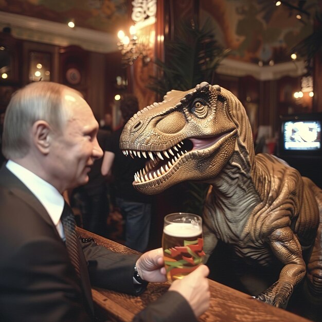 Foto um homem está segurando um copo de cerveja e uma cabeça de dinossauro