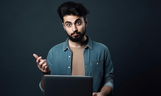 Um homem está segurando um laptop e apontando para a tela.