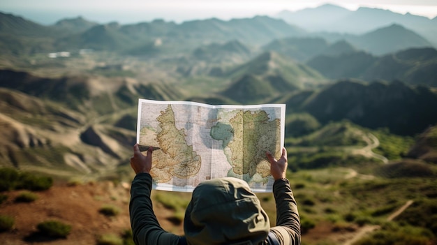 Um homem está segurando um mapa enquanto faz caminhadas caminhadas na floresta das montanhas AI gerativa AI