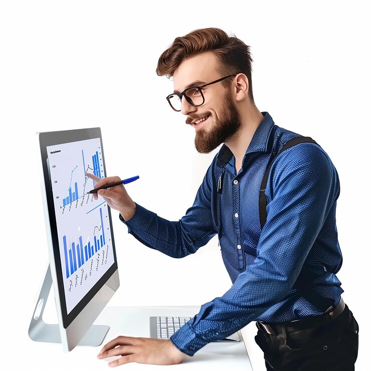Foto um homem está segurando um tablet com um gráfico nele