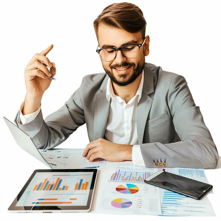 Foto um homem está segurando um tablet com um gráfico nele
