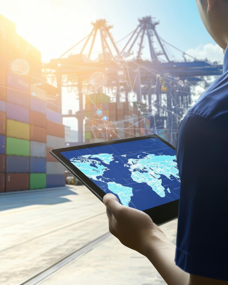 Foto um homem está segurando um tablet com um mapa nele
