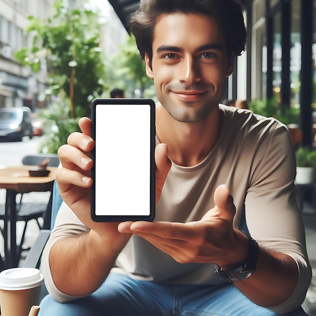 Um homem está segurando um tablet e sorrindo.