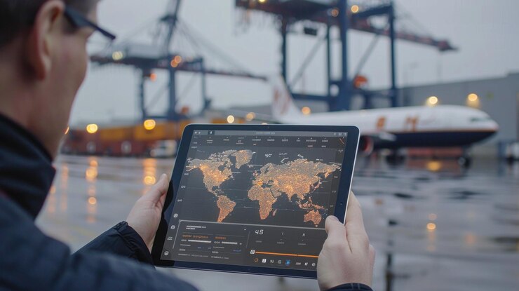 Um homem está segurando um tablet exibindo um mapa do mundo ele está estudando o mapa de perto possivelmente para viajar