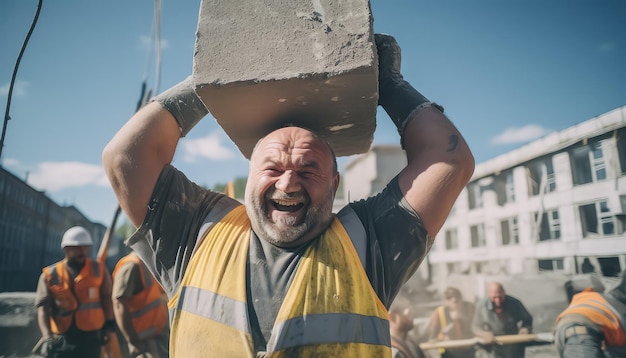 Um homem está segurando um tijolo e sorrindo enquanto está cercado por outros homens