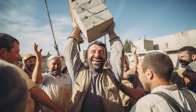 Um homem está segurando um tijolo e sorrindo enquanto está cercado por outros homens