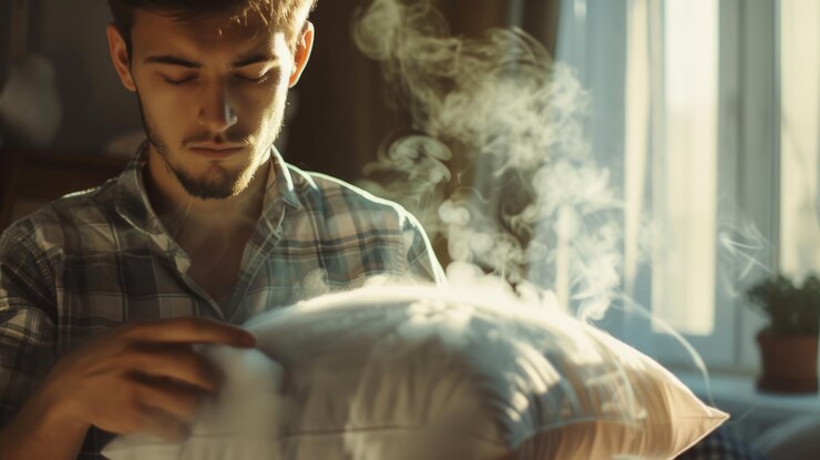 Foto um homem está segurando um travesseiro com vapor saindo dele esta imagem pode ser usada para retratar conceitos como relaxamento alívio do estresse insônia ou problemas de sono