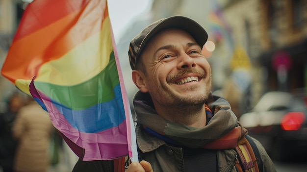 Um homem está segurando uma bandeira arco-íris e sorrindo