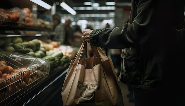 Um homem está segurando uma bolsa no supermercado