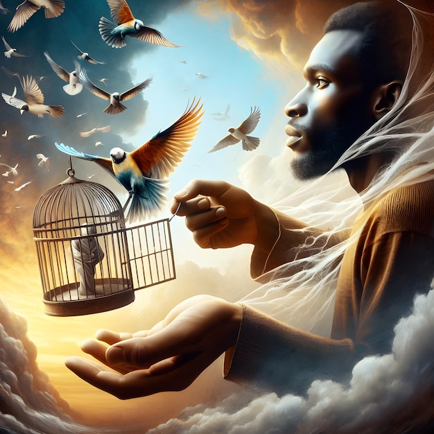um homem está segurando uma gaiola de pássaro que tem um pássaro nele