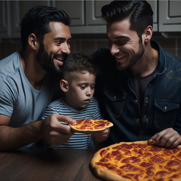 Foto um homem está segurando uma pizza com um menino na frente dele.