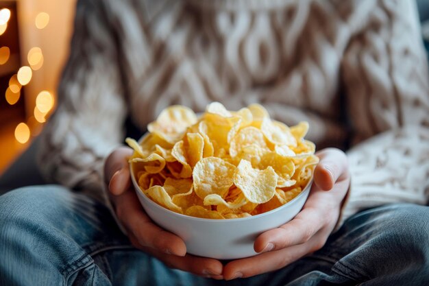 Foto um homem está segurando uma tigela de batatas fritas e sorrindo generativamente