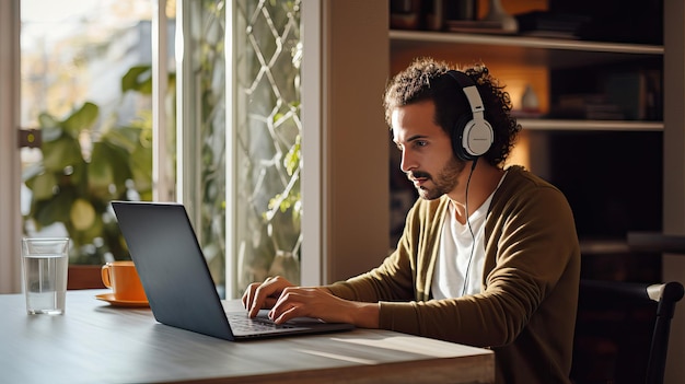 Foto um homem está sentado à mesa com um laptop e fones de ouvido na cabeça.