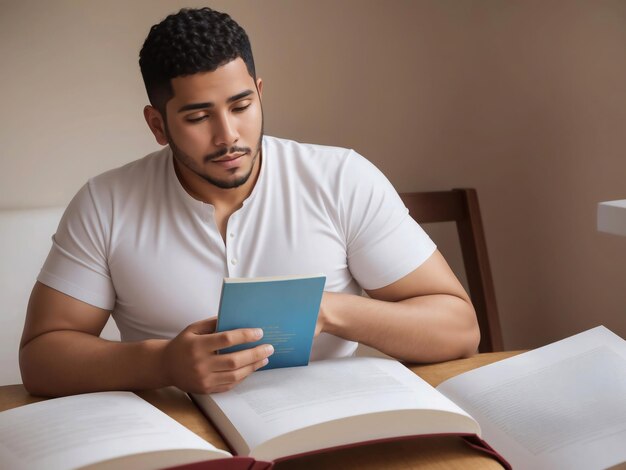 Um homem está sentado à mesa com um livro na mão e lê um livro azul.